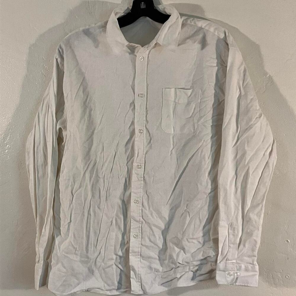H2H White Linen Blend Button Up Pocket Casual‎ Shirt